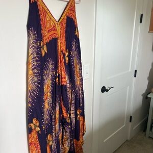 Boho Purple Paisley Maxi Dress Spaghetti Strap Handkerchief Hem Women’s